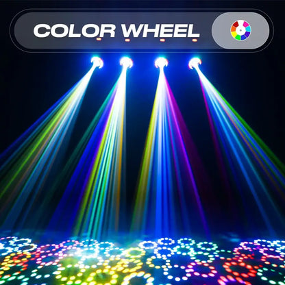 DecorBites led moving head light with 10 gobos casting vibrant rainbow beams and circular patterns for events