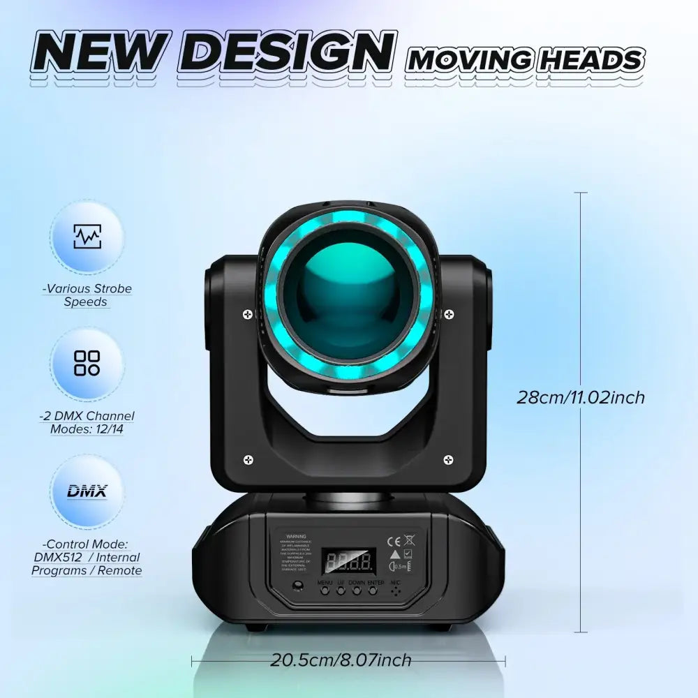 Black decorbites led moving head light with glowing teal ring and 10 gobos for event lighting control