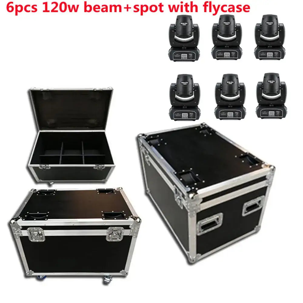 Six black 120w decorbites led moving head beam spot lights with silver accents in a black flight case for dj stage use