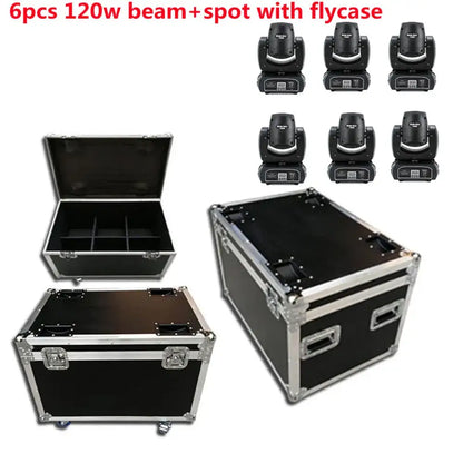 Six black 120w decorbites led moving head beam spot lights with silver accents in a black flight case for dj stage use