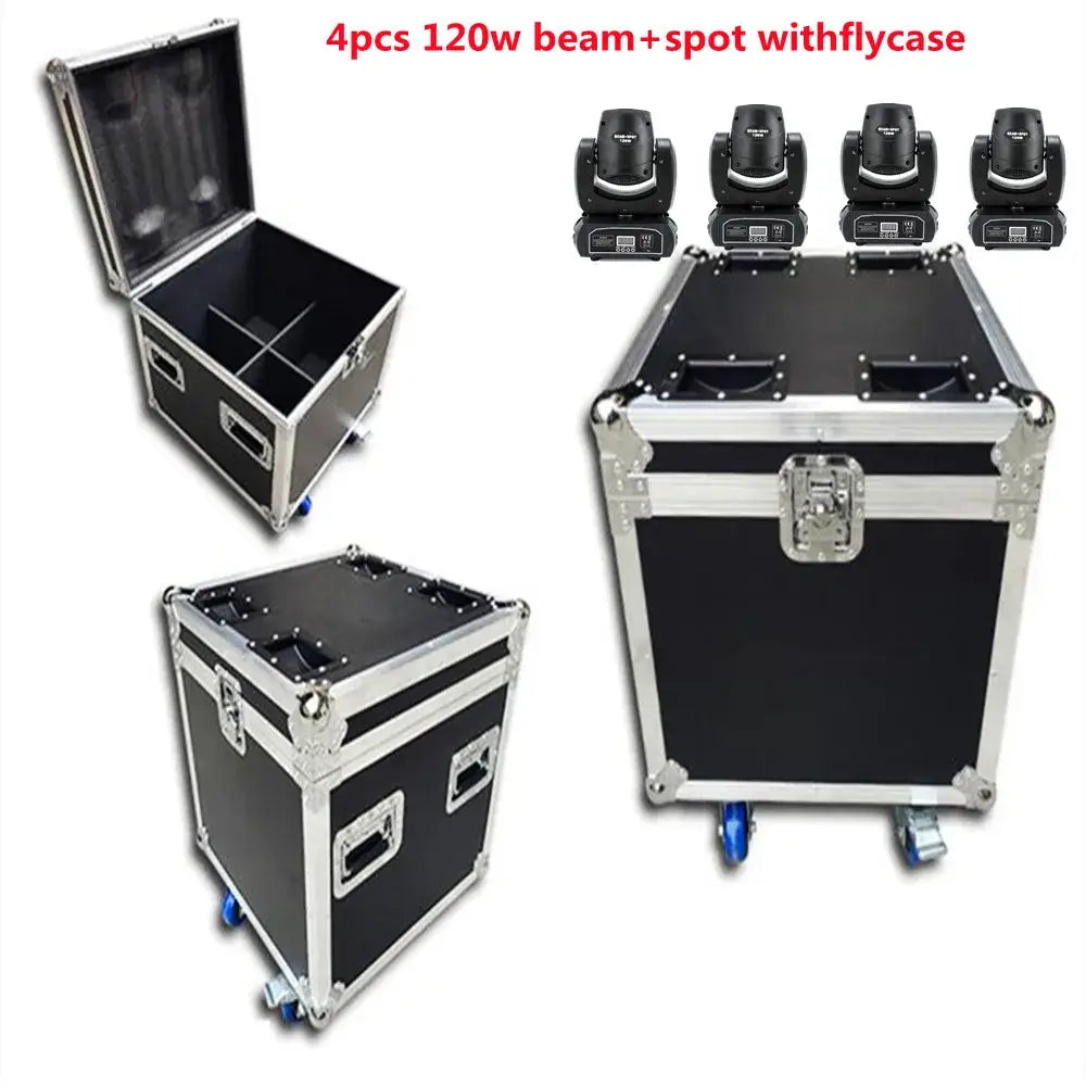 Black flight case with silver aluminum edges and blue wheels for decorbites led moving head 120w beam spot lights transport