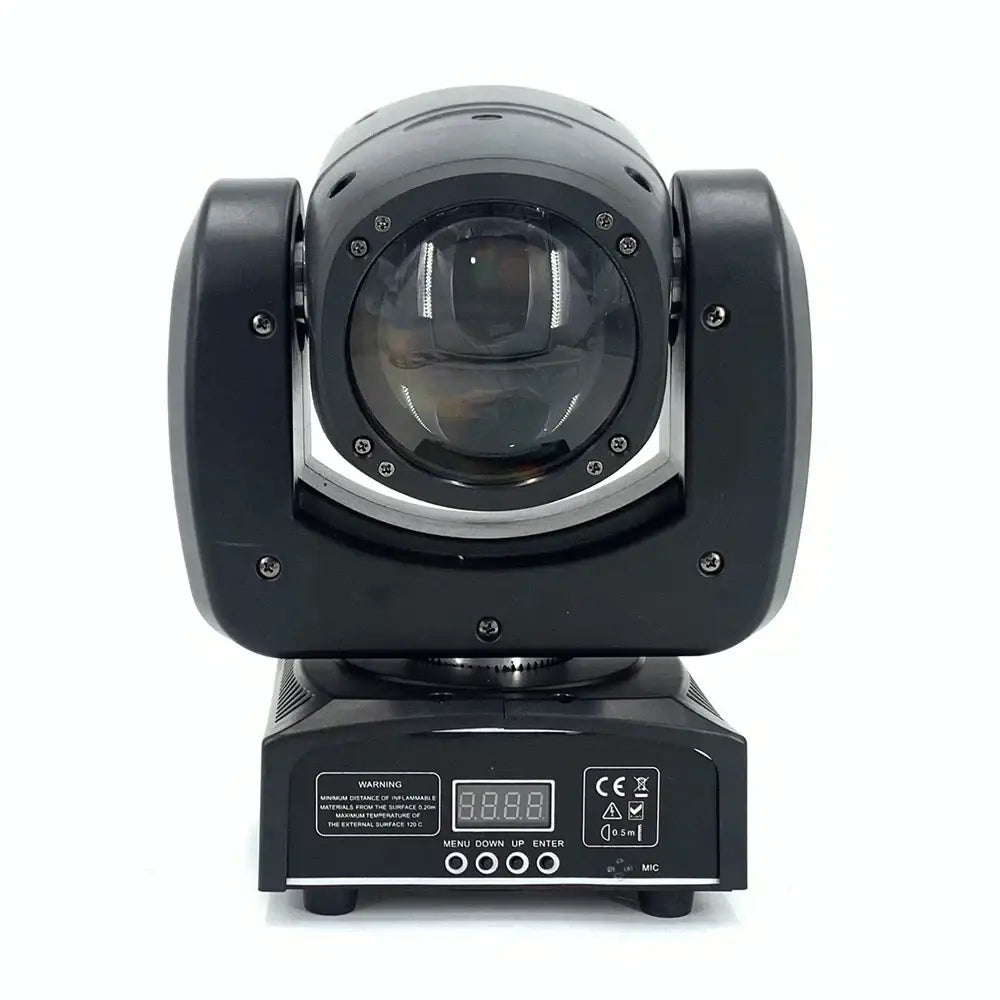Black decorbites led moving head spotlight with circular lens control panel lcd display and safety labels for dj stage use