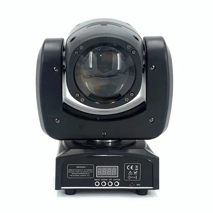 Black decorbites led moving head spotlight with circular lens control panel lcd display and safety labels for dj stage use