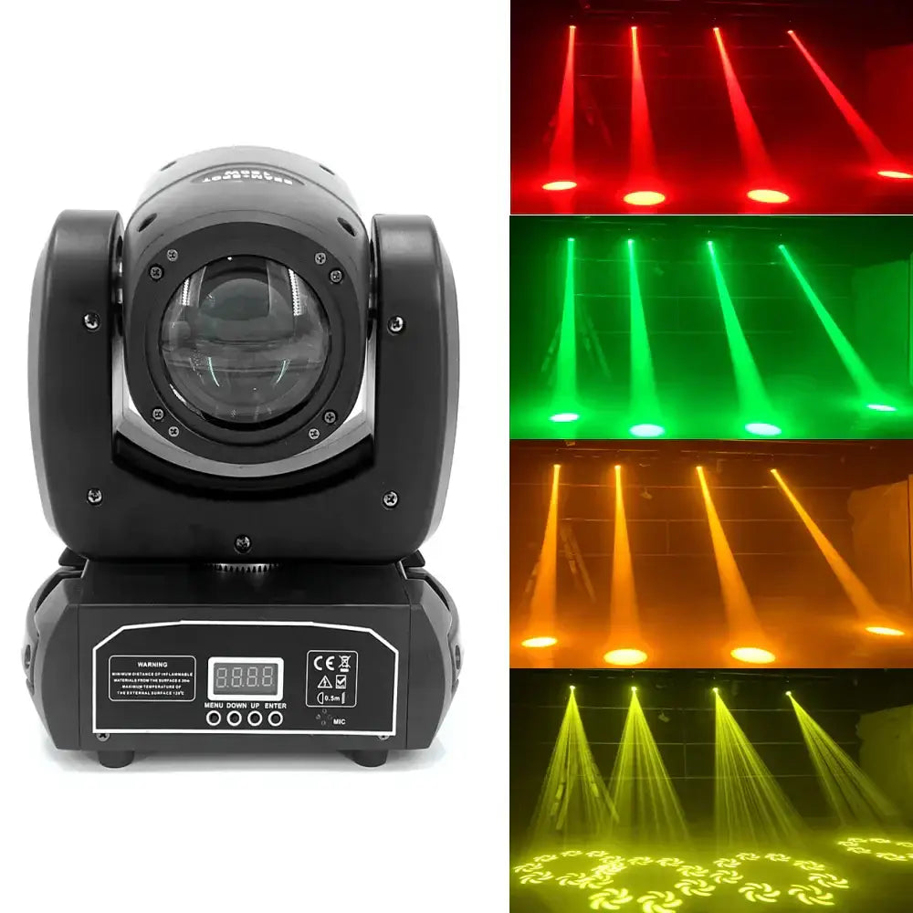 Black decorbites led moving head spotlight with digital display projecting vibrant red green orange and yellow beams