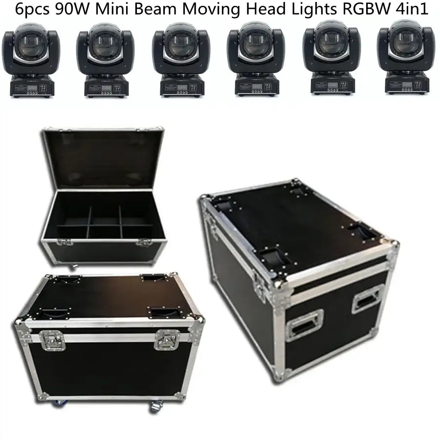 Six black decorbites led moving 90w rgbw 4in1 moving head lights with flight case for dj stage use