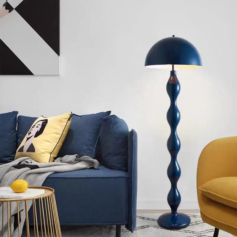 Deep blue glossy decorbites led mushroom floor lamp with sculptural twisted stem and dome shade for living room use
