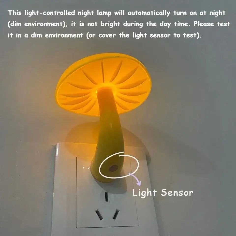 Yellow decorbites led mushroom night light with glowing cap and stem plugged into wall outlet for home decoration