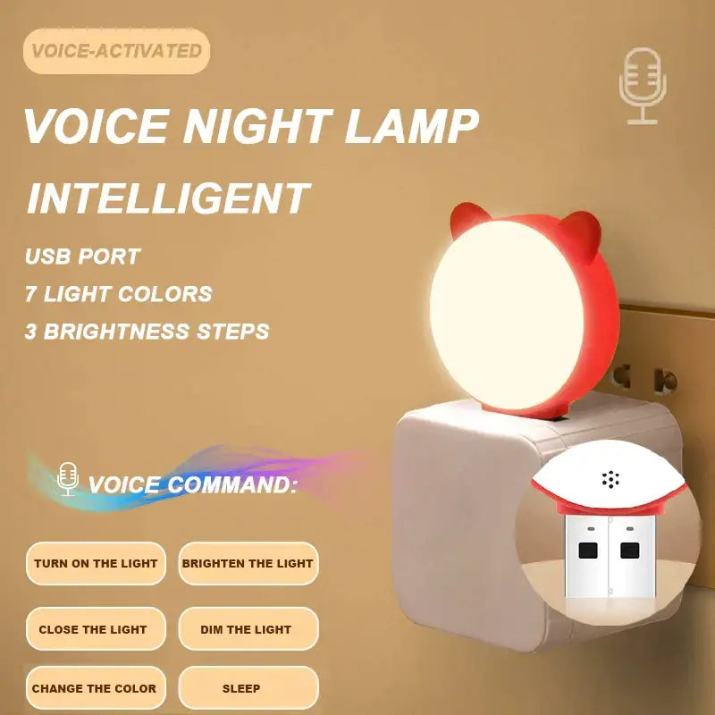 Red and white decorbites led mushroom night light with cat ear design and usb charging port for voice-activated use