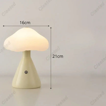 Cream-colored DecorBites LED mushroom night light with smooth glossy finish and softly diffused warm light for bedside decor