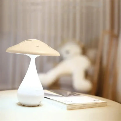 DecorBites led mushroom table lamp in cream with smooth glossy plastic and subtle facial details for bedroom decor