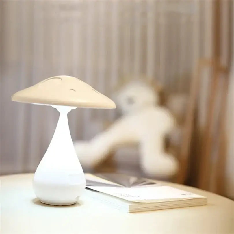 DecorBites led mushroom table lamp in cream with smooth glossy plastic and subtle facial details for bedroom decor