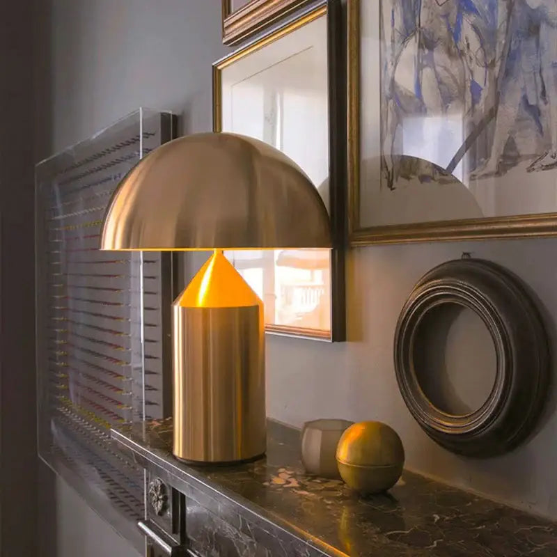 Brass dome-shaped decorbites led mushroom table lamp with conical base and warm yellow led mushroom table light