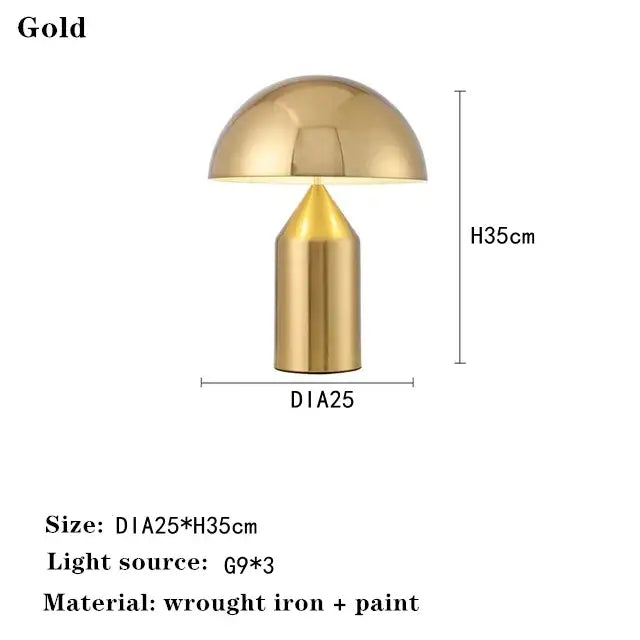 Gold decorbites led mushroom table lamp with polished metal finish and cylindrical base for living room or bedroom use