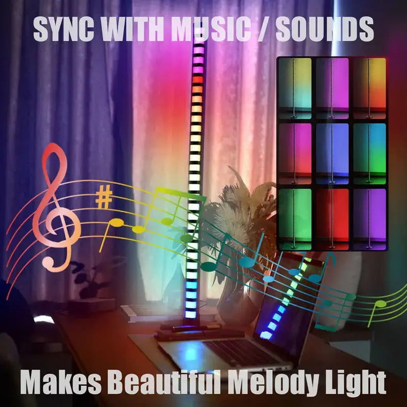 DecorBites led music melody floor lamp with vertical segmented LED bar syncing to audio with vibrant rainbow colors