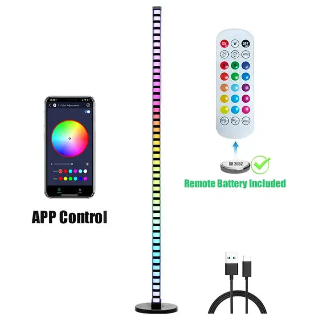 A sleek tall black base DecorBites LED music melody floor lamp with colorful lights and Bluetooth control for party decor