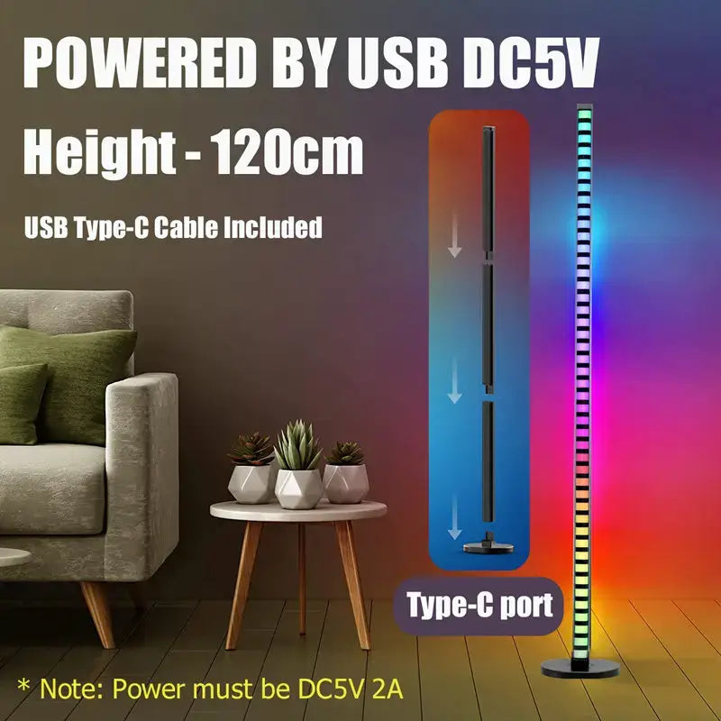A sleek 120cm tall decorbites led music melody floor lamp with colorful rgb lights and black base for party decor