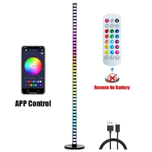 A sleek tall black floor lamp with colorful vertical LED strip for party decor by DecorBites led music melody