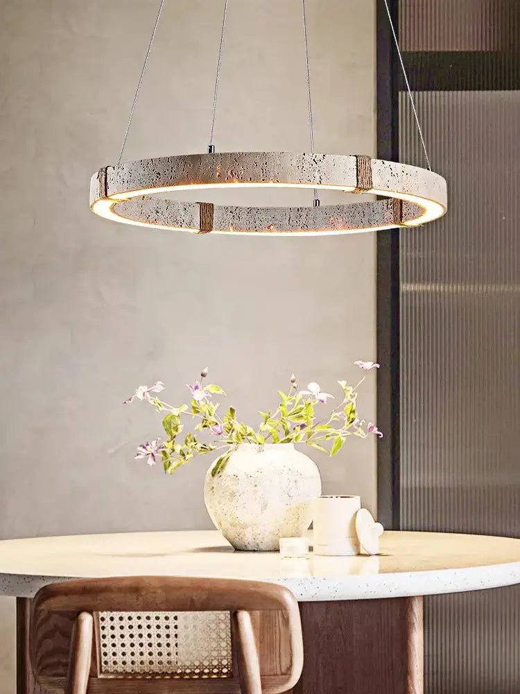 Decorbites led natural stone round linear chandelier with textured speckled concrete finish and warm led illumination