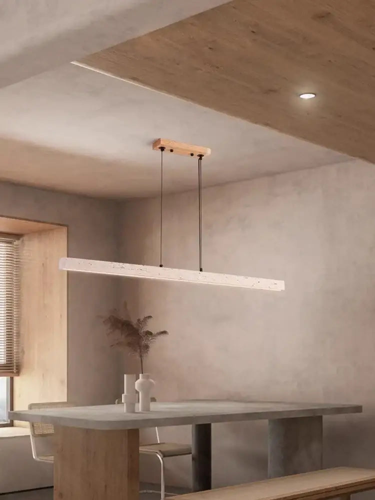 Minimalist decorbites led natural stone round linear chandelier with matte white textured body and natural wood mount