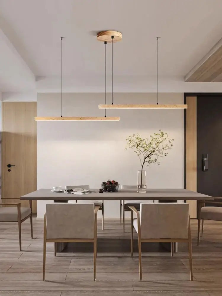 Modern minimalist pendant lights with sleek wooden fixtures and decorbites led natural stone round linear chandelier above dining table