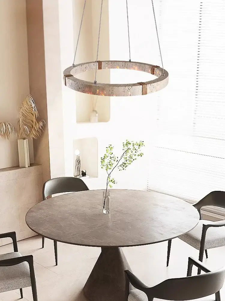 Decorbites led natural stone round circular pendant light with textured metallic ring and warm dimmable lighting