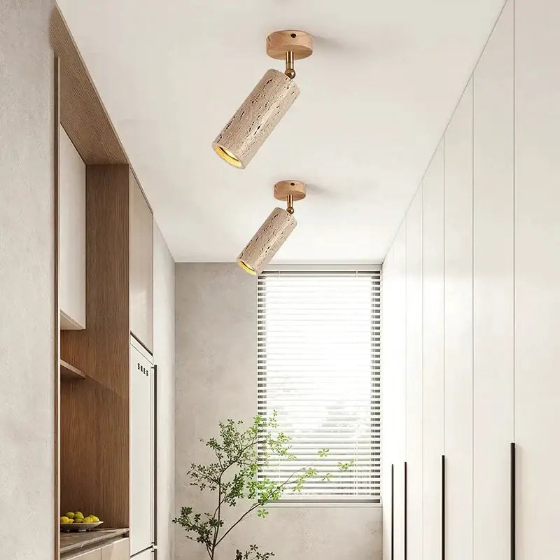 Two decorbites led natural stone spotlights with walnut log wood grain finish and brass accents for ceiling and wall use