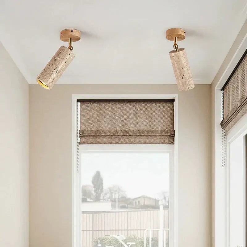 Two cylindrical decorbites led natural stone spotlights with cork texture and walnut log wood mount for ceiling use