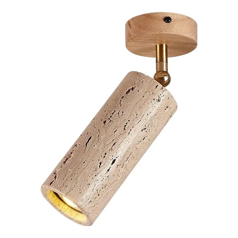 Cylindrical beige decorbites led natural stone spotlight with brass arm and walnut log wood mount for ceiling and wall use