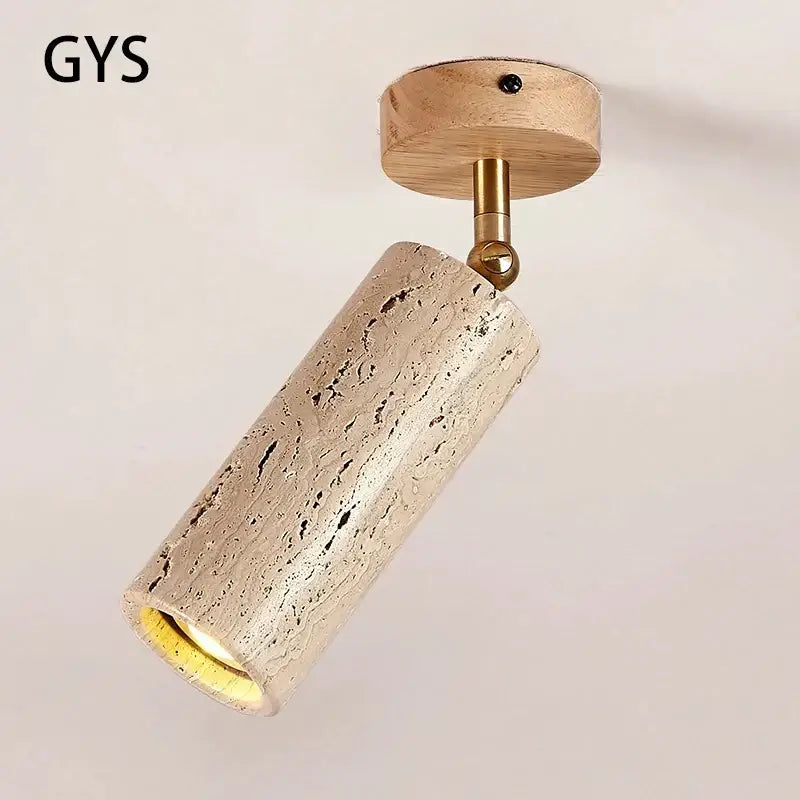 Rustic beige stone-textured decorbites led natural spotlight with walnut log wood base and brass hardware for ceiling use