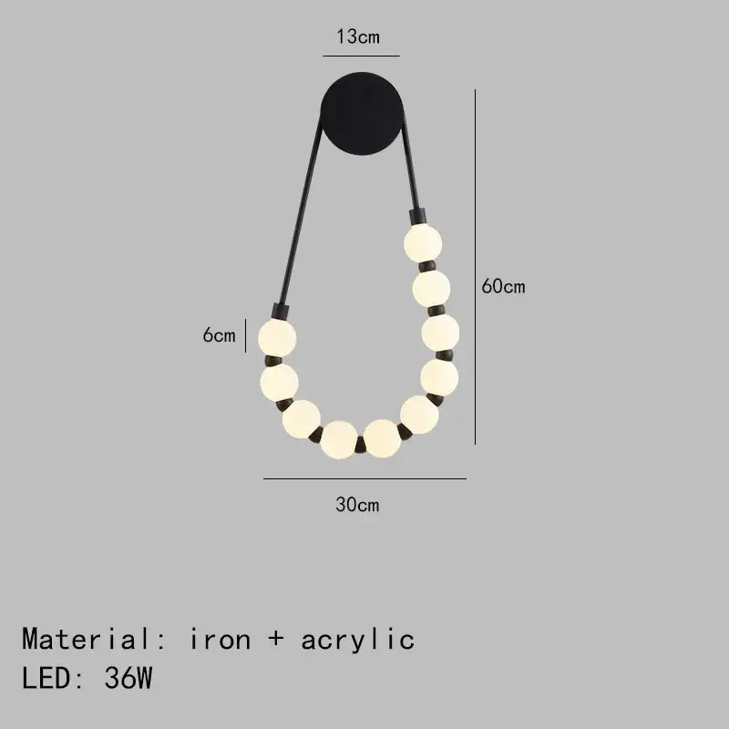 Decorbites led necklace wall light featuring black iron and white acrylic with off-white spherical beads for wall lights