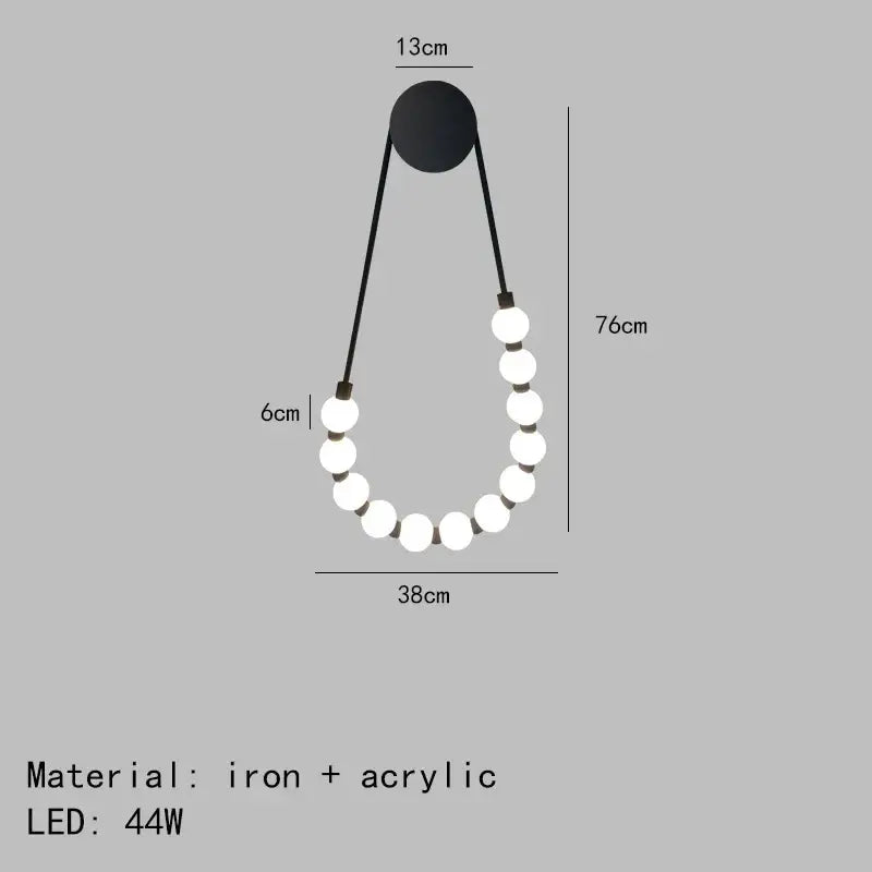 Black iron and white acrylic DecorBites LED necklace wall light with spherical LED bulbs in Art Deco style for home decor