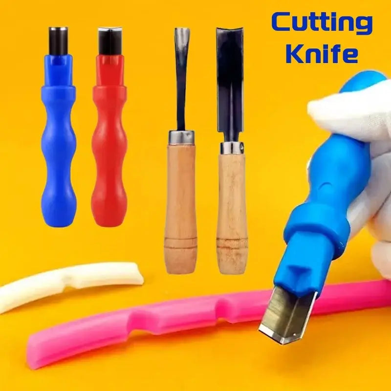 Blue plastic-handled DecorBites led neon carving knife with metallic blade held in gloved hand for woodworking and strip lights installation