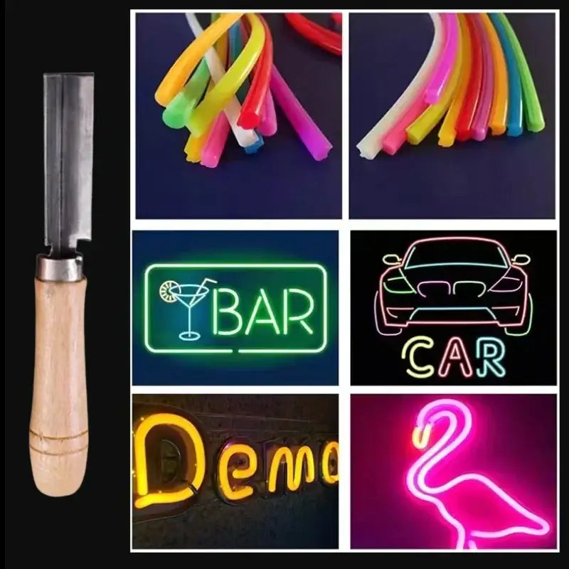 Wooden-handled carving knife with metallic blade for DecorBites LED neon light woodworking and strip lights installation