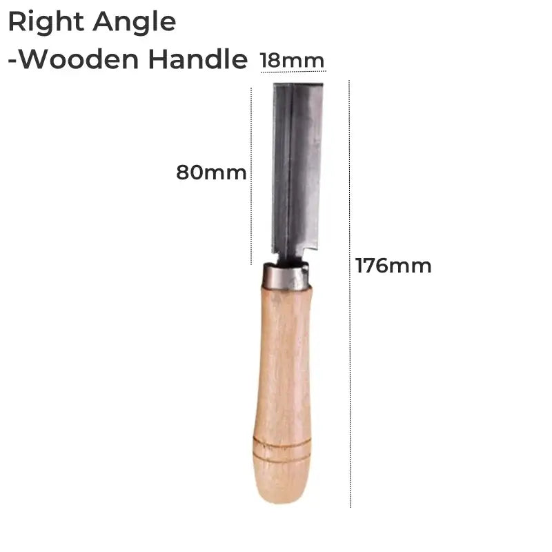 A right-angle carving knife with a light wooden handle and metallic blade for DecorBites led neon light woodworking