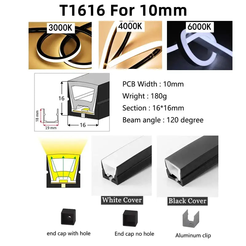 Decorbites™ led neon rope 10mm t1616 strip lights with 3000k 4000k or 6000k color temperature options in white or black covers