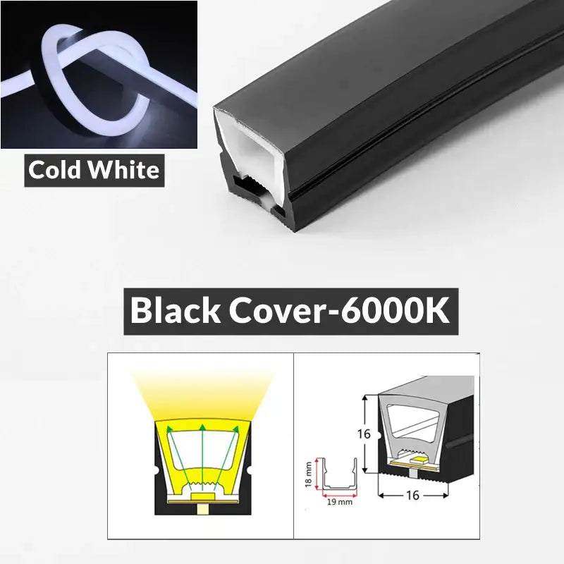 Black cover for decorbites™ led neon rope lights with sleek profile and precise dimensions for outdoor use