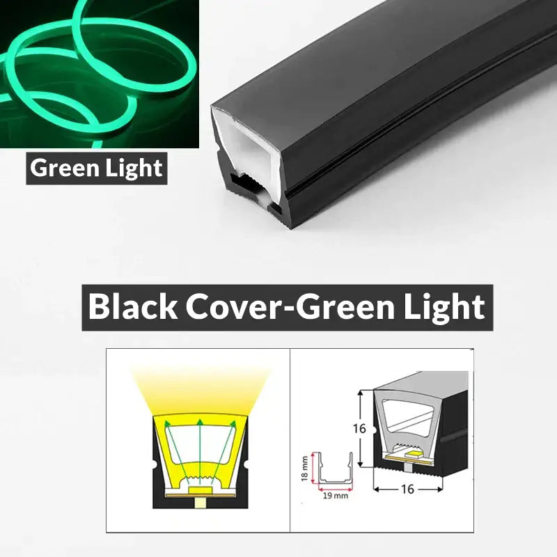 Black plastic led neon rope light strip with green illuminated interior for outdoor home decor by decorbites