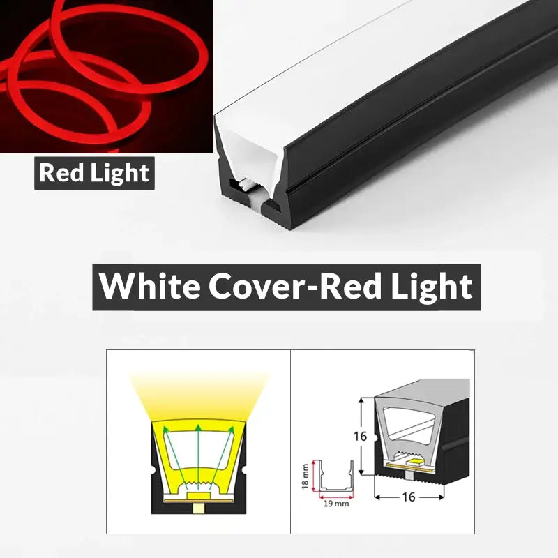 DecorBites™ led neon rope lights featuring a black strip with white cover emitting red light and yellow internal illumination