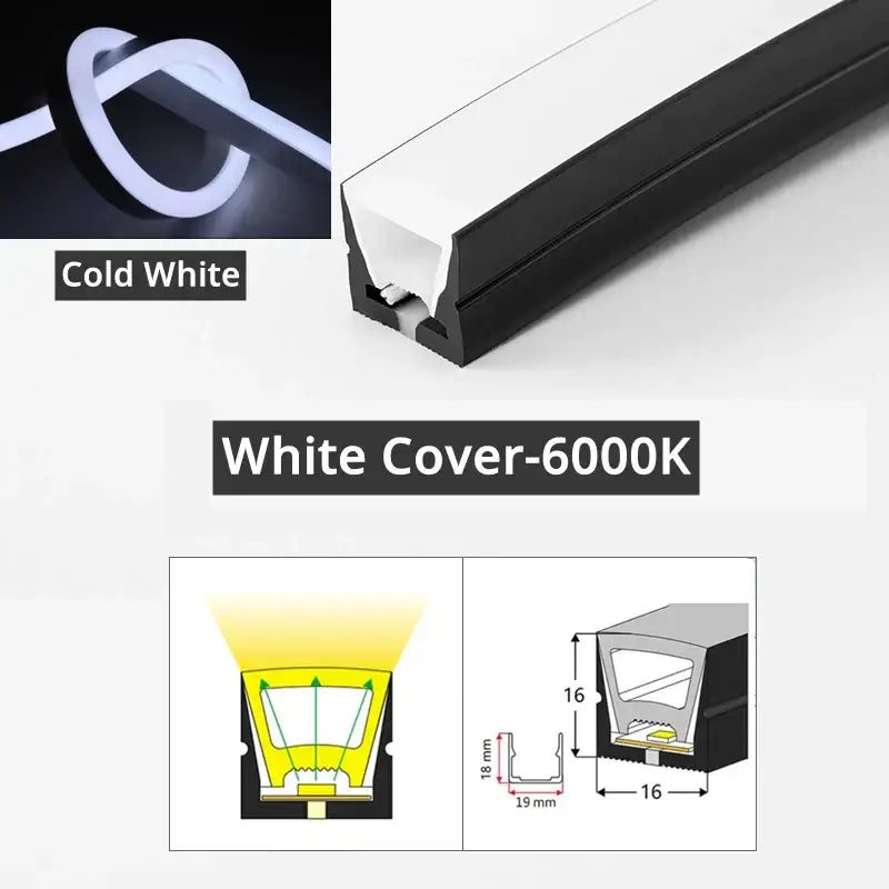 DecorBites™ led neon rope lights with cold white 6000k led strip in black housing and white cover for outdoor use