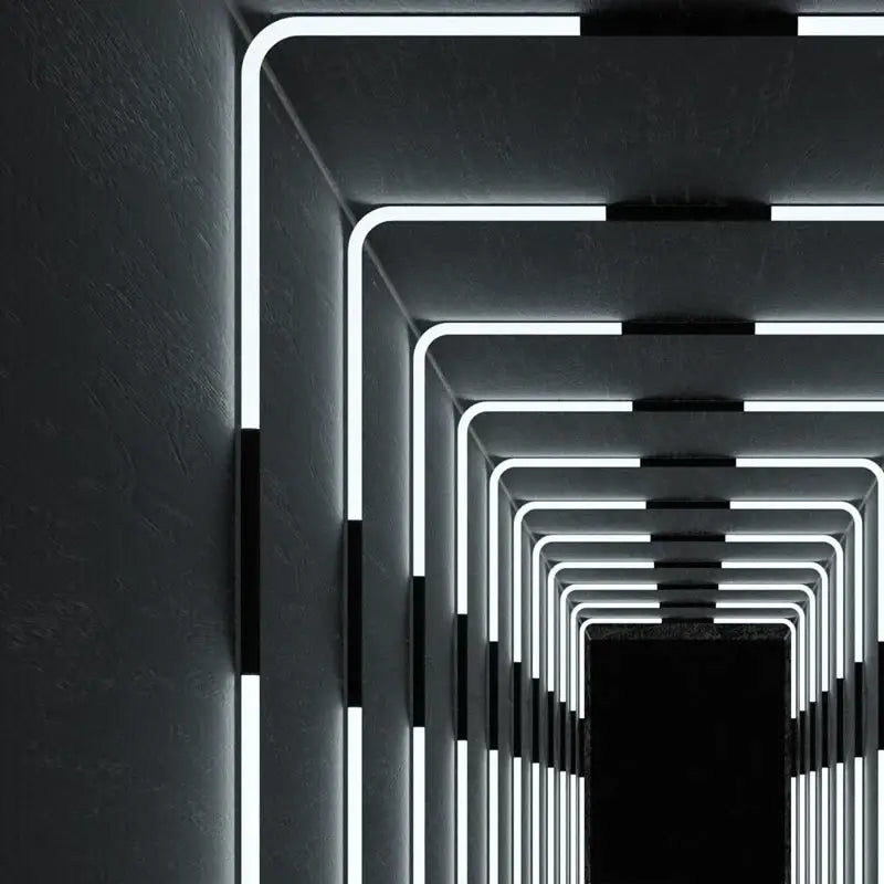Black wall-mounted led neon rope light fixture with sleek modern design and glowing white neon rope lights tunnel effect
