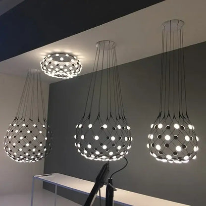 Modern black mesh pendant light with embedded circular led bulbs by DecorBites led net pocket for living room decor