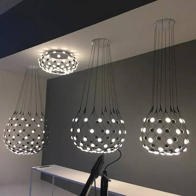 Modern black mesh pendant light with embedded circular led bulbs by DecorBites led net pocket for living room decor