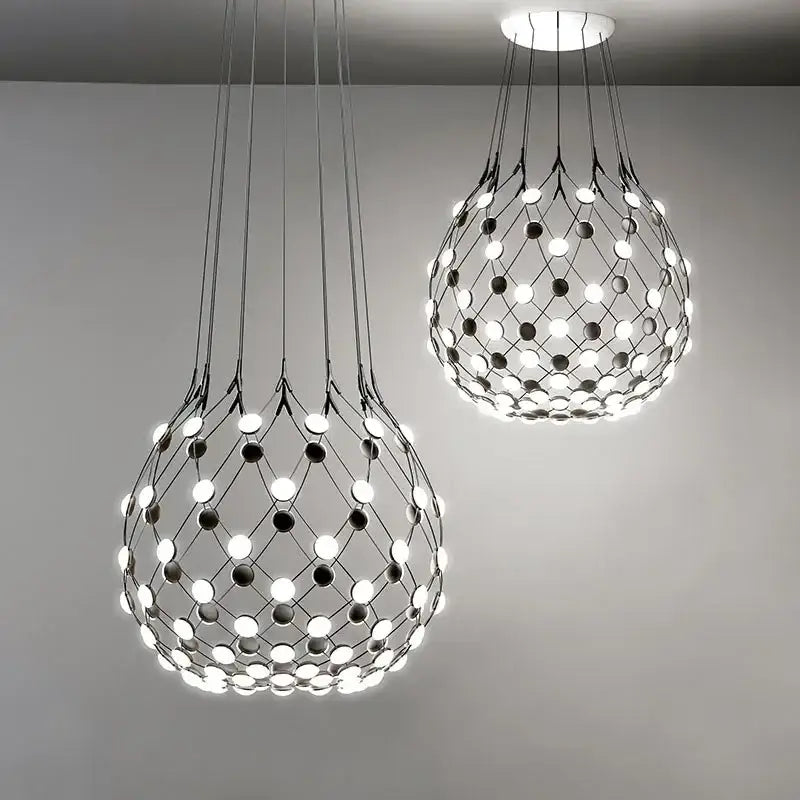 Modern spherical decorbites led net pocket pendant light with black metal mesh and circular led bulbs for living room