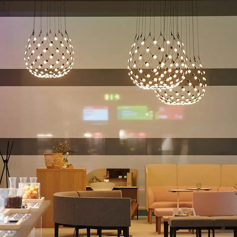 Modern spherical black mesh pendant light with embedded white bulbs decorbites led net pocket chandelier for living room