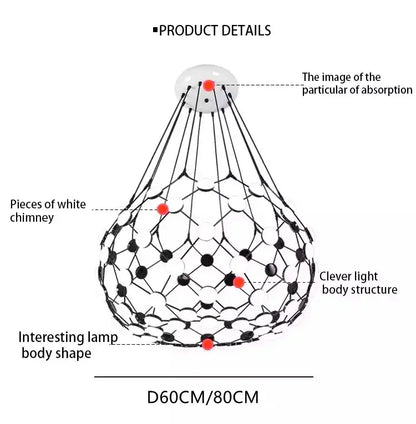 A modern decorbites led net pocket pendant light with a black and white geometric honeycomb teardrop design for living room