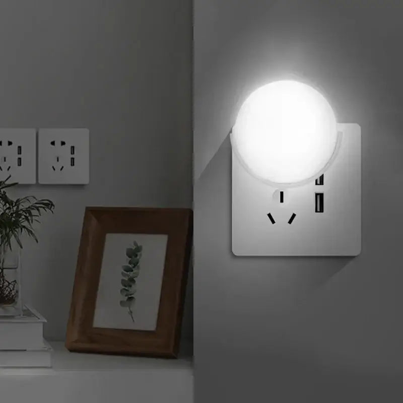 White spherical decorbites led night light with integrated plug and usb port for baby children bedroom use