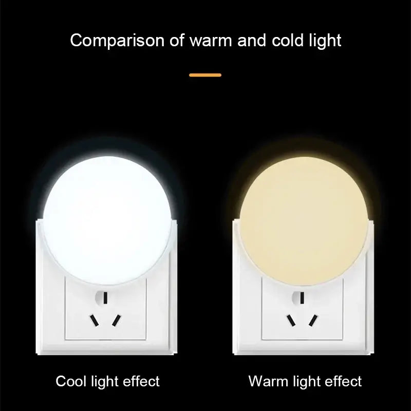 White DecorBites LED night light with EU plug emitting cool white or warm yellow glow for bedroom and children use