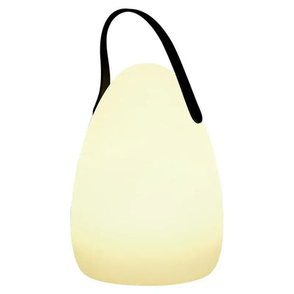 Cream-colored decorbites™ led night light with teardrop shape and black fabric handle for home and outdoor use