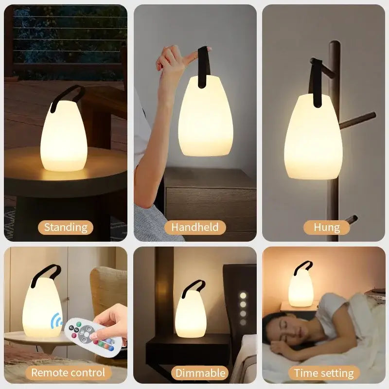 Decorbites™ led night light with soft warm-glowing silicone, black handle, and remote control for home and camping use