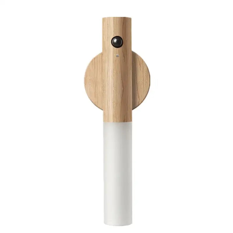 Decorbites led night light wall lamp with natural wood top and white cylindrical base for bedside night light use